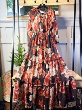 Kate & Lily Floral Tiered Maxi Dress in Rust and Black Size 8